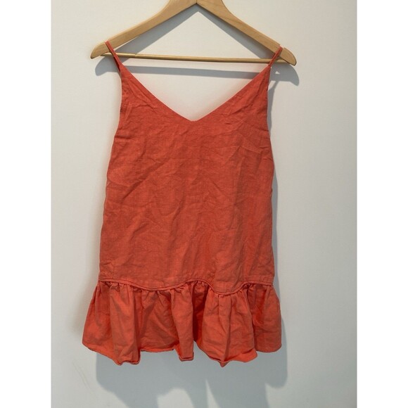 Coral Linen Blend Mini Dress Sleeveless V Neck Ruffle‎ Hem Summer Casual - Picture 1 of 6